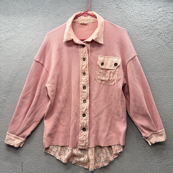 POL Tops - POL Patchwork Lace Dusty Pink Button Up Shirt Top Floral Oversized Boho Size S
